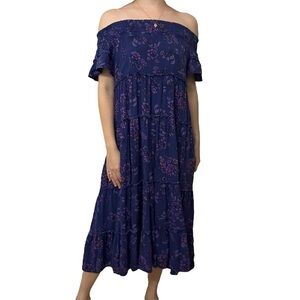 Free People Dress Midi Off Shoulder Smocked Boho Floral Vacation Size Small